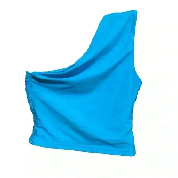 Superdown Revolve Women's Yellow Anna One-Shoulder Ruched Crop Top sz sm blue - Picture 2 of 3